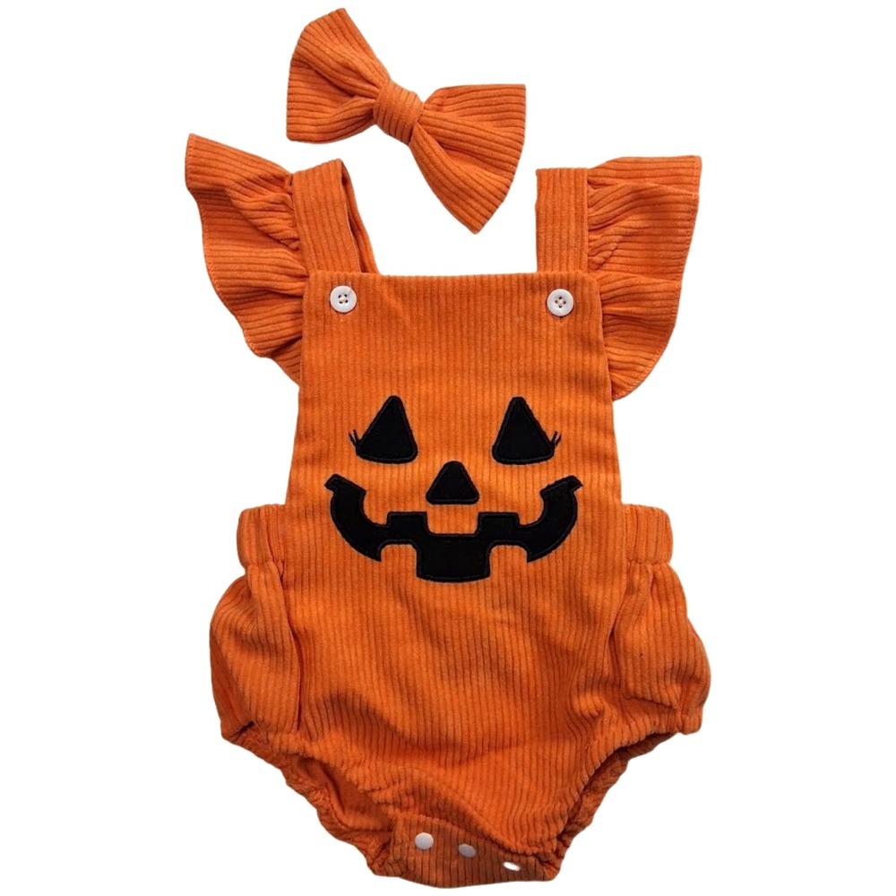 Baby Girl Pumpkin Jack-O-Lantern 0 3 Mos Halloween Outfit With Bow Ribbed
